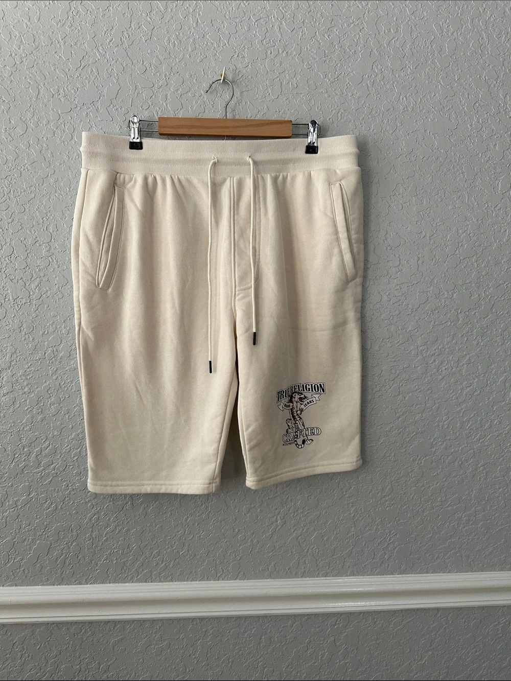 True Religion Men's Cream Drawstring Athletic Shorts with Logo